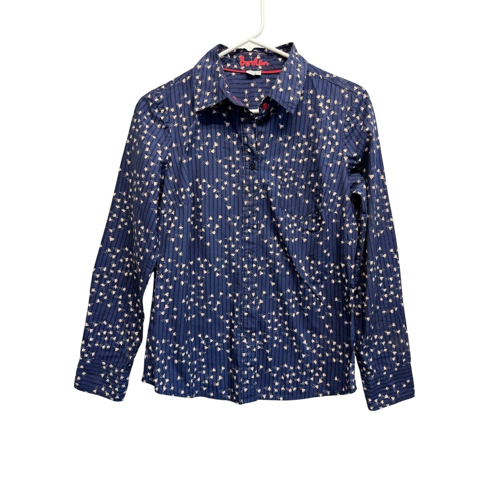 Boden Women LS Blouse Bird Novelty Print Button Up Sz 4R Dark Blue